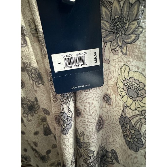 Lucky Brand NWT size L long sleeve gathered cuff and hem blue print Boho top - Picture 3 of 12